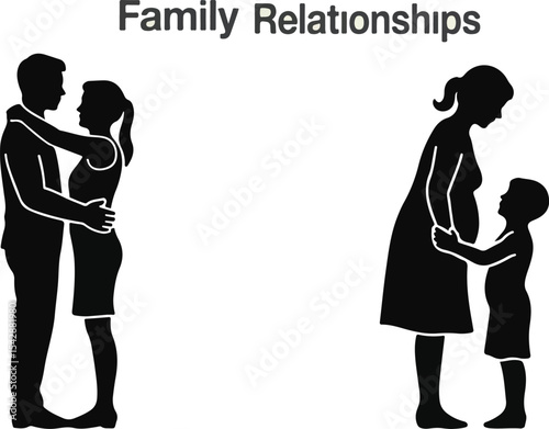 Silhouette illustration showing a couple embracing and a mother with her child on white background