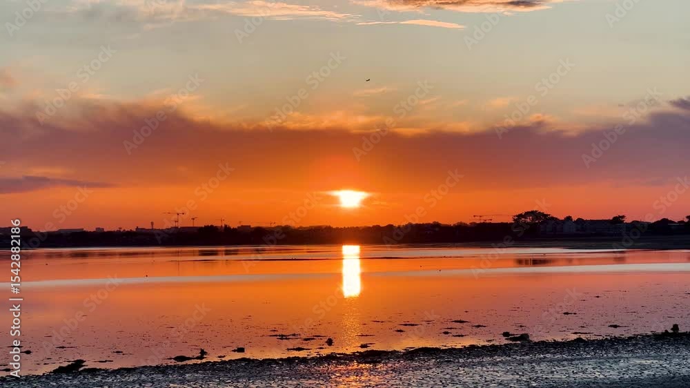 Standstill View of Orange Sun Setting Behind Clouds with Calm Water and Faint Jet in Distance Standstill View of Orange Sun Setting Behind Clouds with Calm Water and Faint Jet in Distance