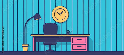 Cartoon office scene with desk, chair, lamp, clock, and blue striped wall