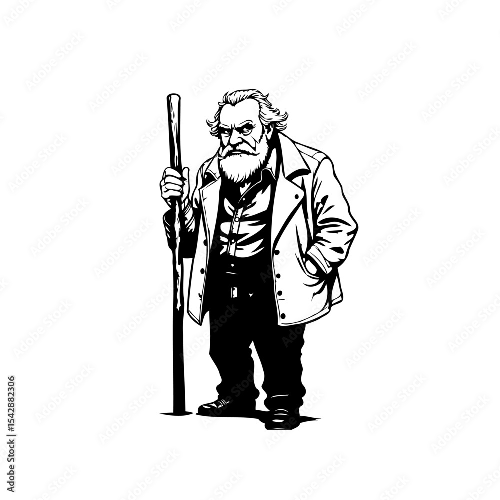 Monochrome illustration of an elderly man with a beard holding a walking stick Monochrome illustration of an elderly man with a beard holding a walking stick