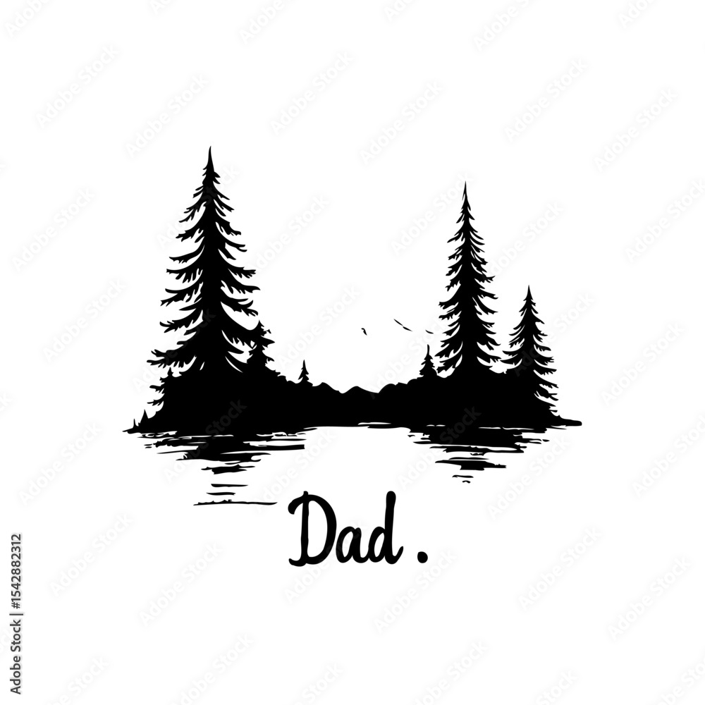 Obraz premium Minimalist Father's Day Design Featuring Forest and Water Landscape Silhouette