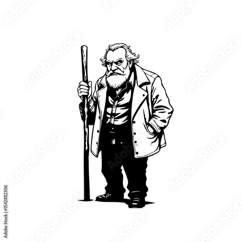 Monochrome illustration of an elderly man with a beard holding a walking stick