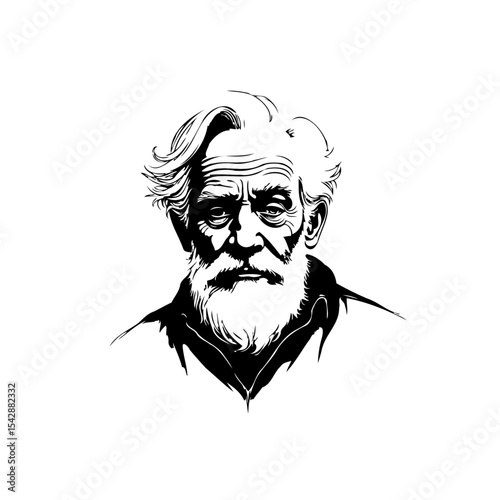 Portrait of a wise old man with a beard in a minimalist black style