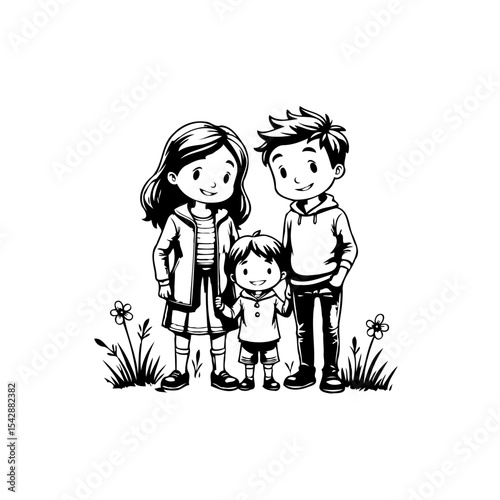 Charming cartoon depiction of a family, showcasing love and unity in a black and white style