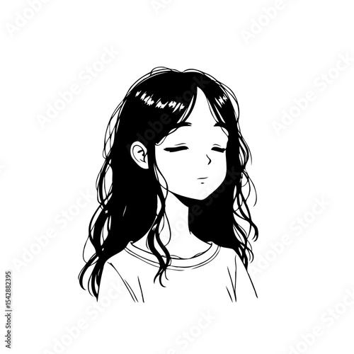 Monochrome illustration of a young woman with closed eyes and flowing hair