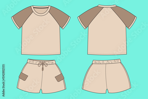 Baby Raglan sleeve T-shirt with Shorts set fashion flat sketch CAD mockup front and back views.