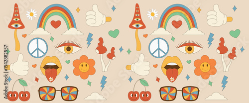 Wallpaper Mural Collection of retro style love, groovy, cute, funky, pop art and hippie doodles stickers element set.
 Torontodigital.ca