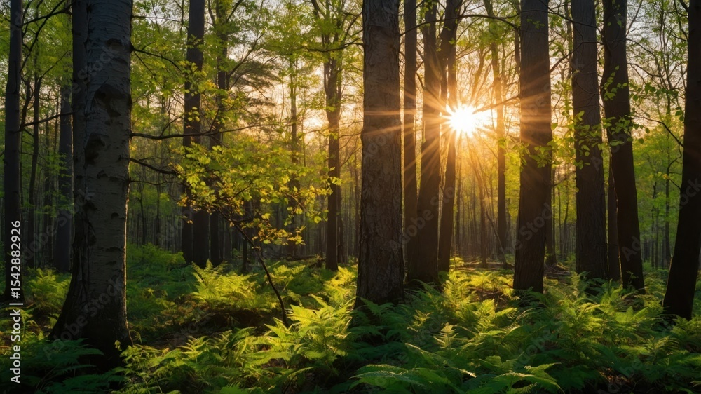 Obraz premium Sunlight streams through a dense forest.