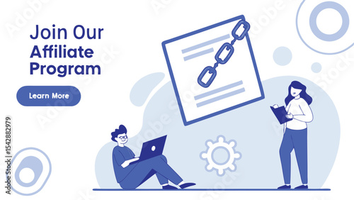 Illustration of people with laptop and book next to a document with a chain, promoting affiliate program