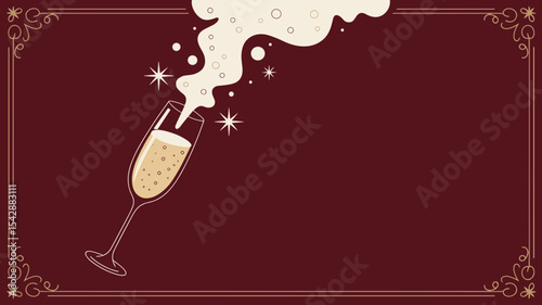 Glass of champagne with bubbles on burgundy background with frame, New Year vector with text space