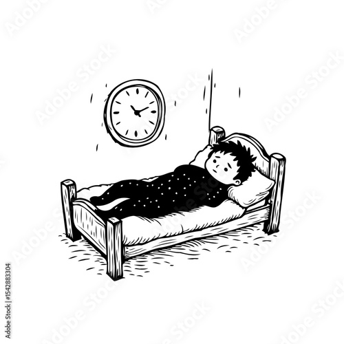 Sleepless night illustration: a young child lying awake in bed at night