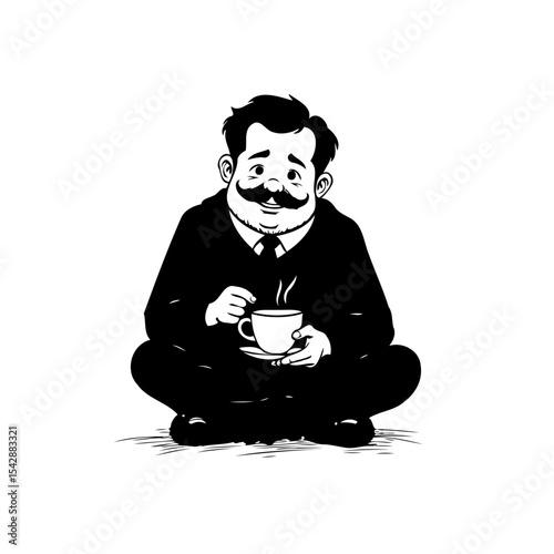 Cartoon illustration of a man enjoying a cup of coffee in a relaxed pose