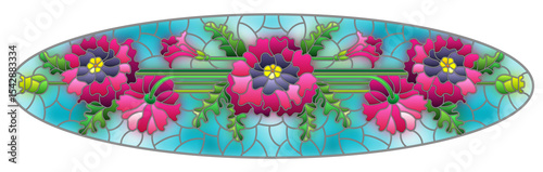 Illustration in stained glass style with a bouquet of red  poppies on a blue background, oval image