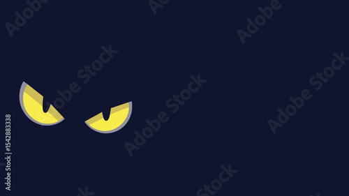 Glowing yellow predatory eyes on dark purple background in flat vector with text space