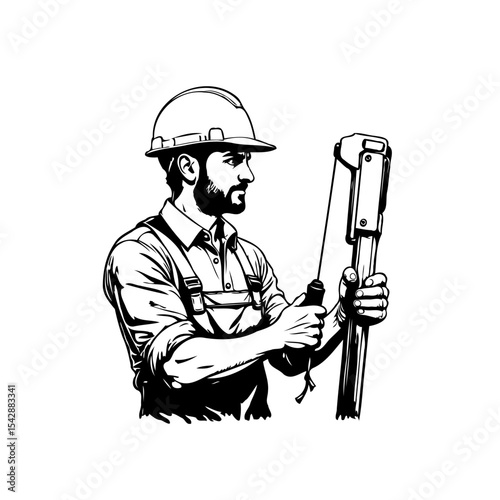 Illustration of a bearded construction worker holding surveying equipment and wearing hardhat