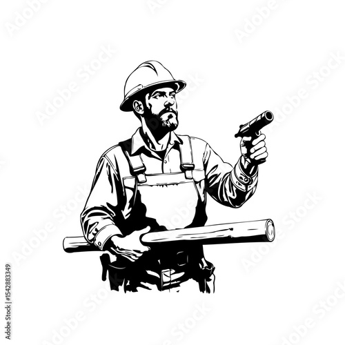 Construction Worker's Vigil: A Black and White Depiction of Resolve and Readiness