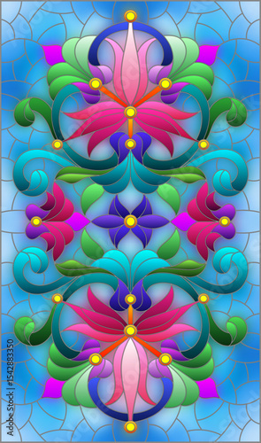 Illustration in stained glass style with abstract flowers, leaves and curls on a blue background, rectangular horizontal image