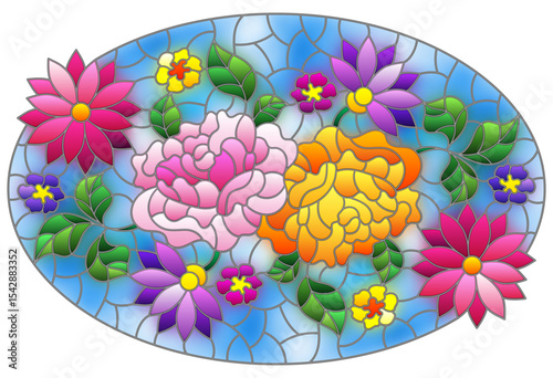 Illustration in stained glass style with a bright flower arrangement on a blue background, oval image