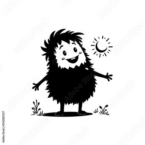 Whimsical Cartoon Monster Welcoming Sunshine with Open Arms in Black and White