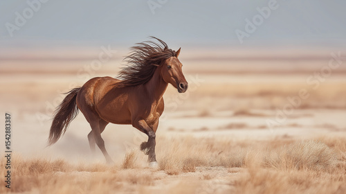 A media-ready photo with balanced aesthetics majestic sorrel mustangs roaming the steppe: stallions, mares, and colts in natural grace.