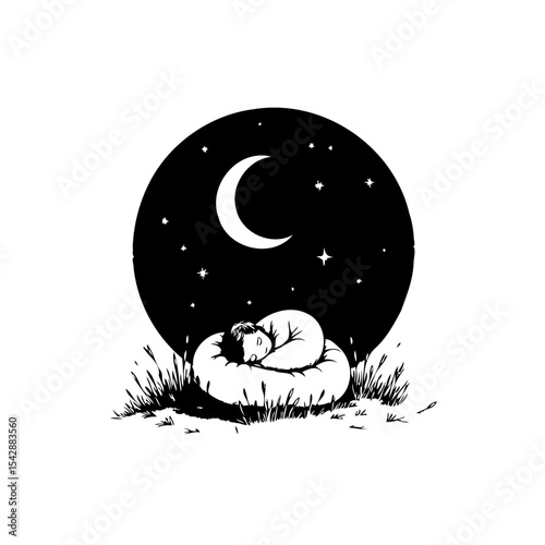 Serene slumber under the moonlight: A peaceful night scene illustration
