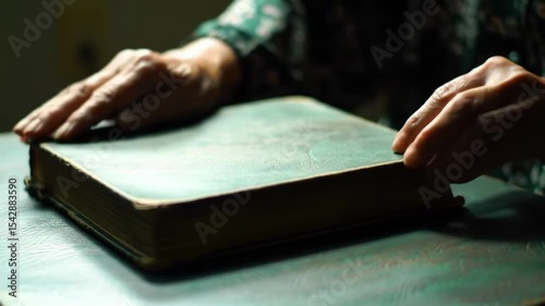 Hands resting on aged book cover showing care studying and respect for knowledge