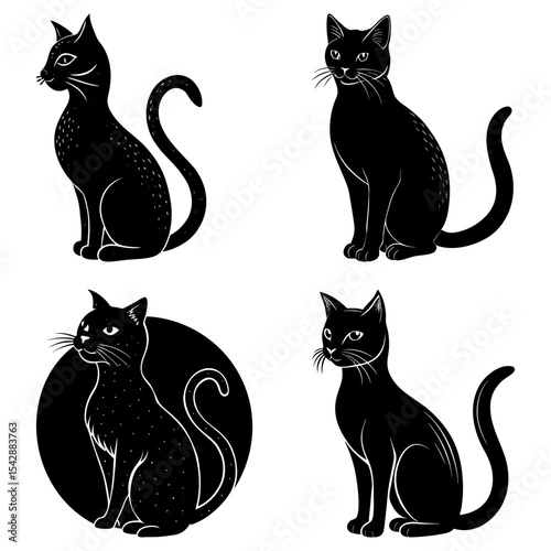 Four black cat illustrations in various poses on a white background in a vector style drawing art