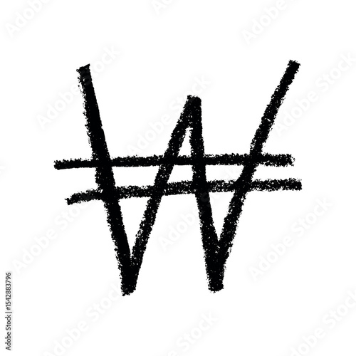 Hand drawn won currency symbol. Brush stroke doodle. Single element for design