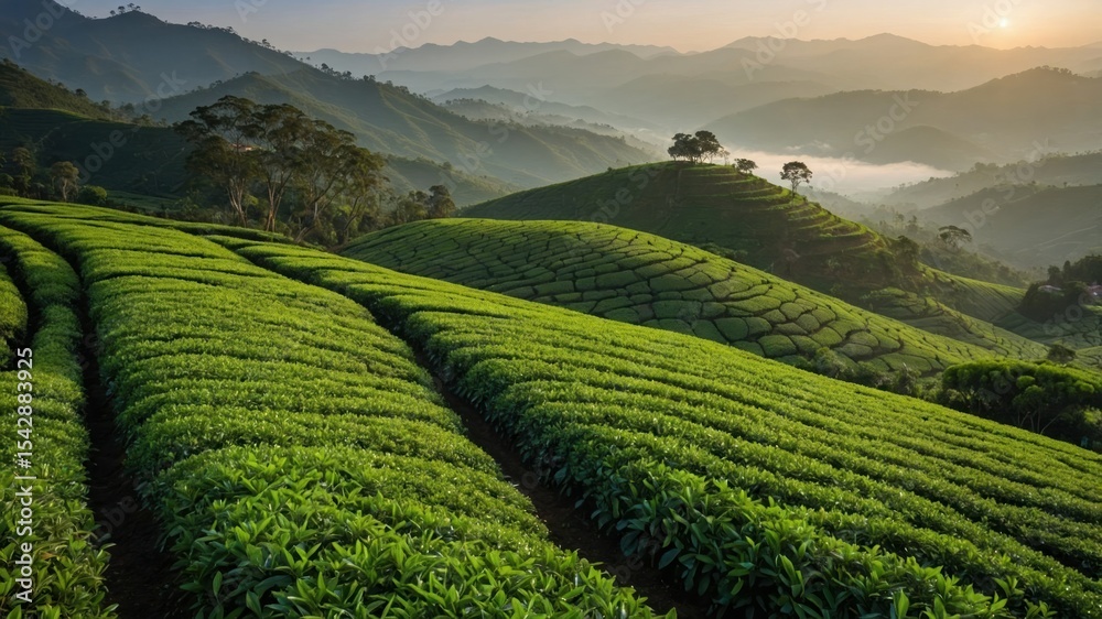 Fototapeta premium Lush tea plantations on rolling hills at sunrise.