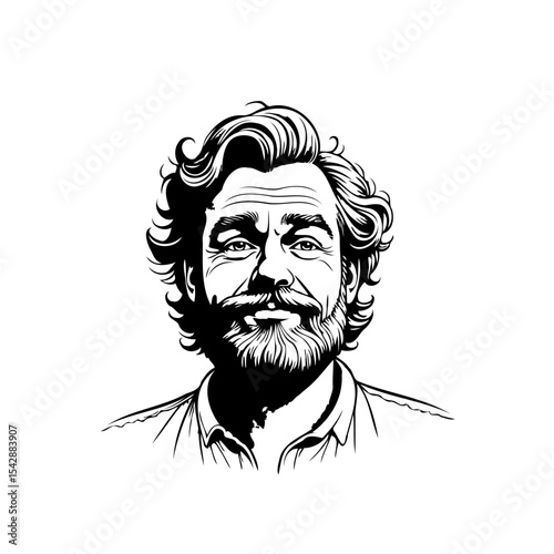 Detailed line art portrait of a mature man with beard and wavy hair illustration