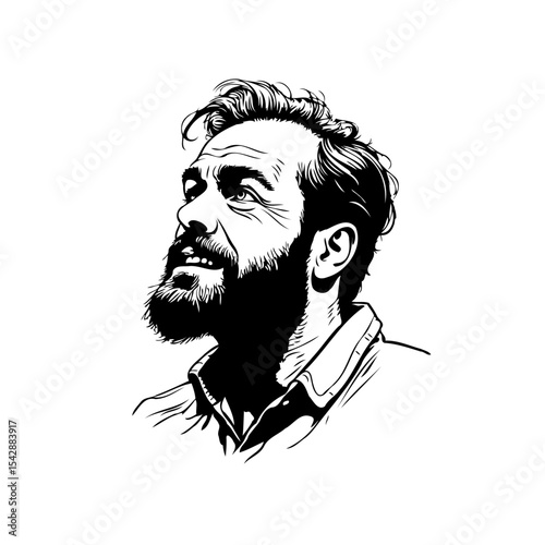 Portrait of a bearded man looking up with a thoughtful expression in black and white