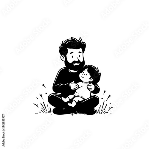 A heartwarming black and white illustration of a father embracing his child with love