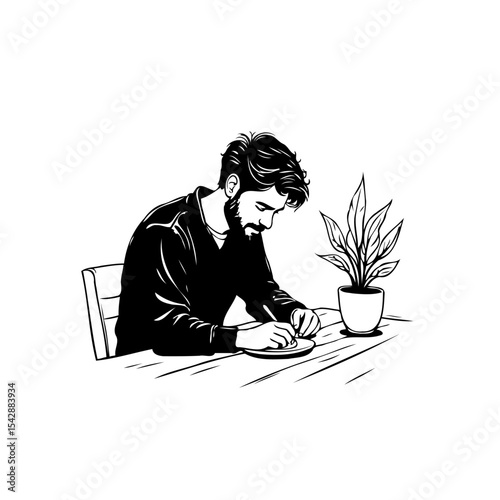 Monochrome illustration of a bearded man writing at a table with a plant