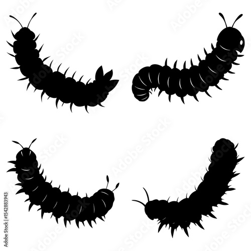 Silhouettes of four caterpillars with segmented bodies and small antennae in black and white design