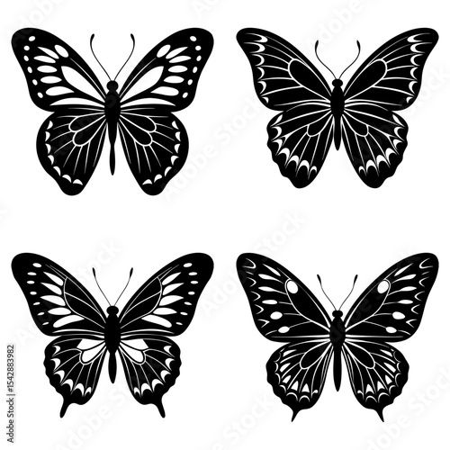 Four black and white butterfly illustrations with different wing patterns and designs displayed together