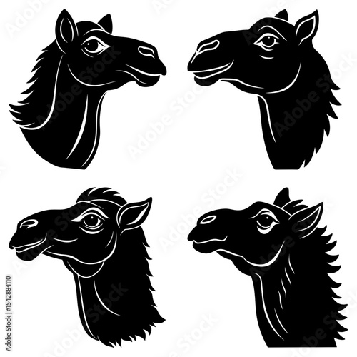 Four camel head silhouettes in black and white showing different views and mane styles in vector art
