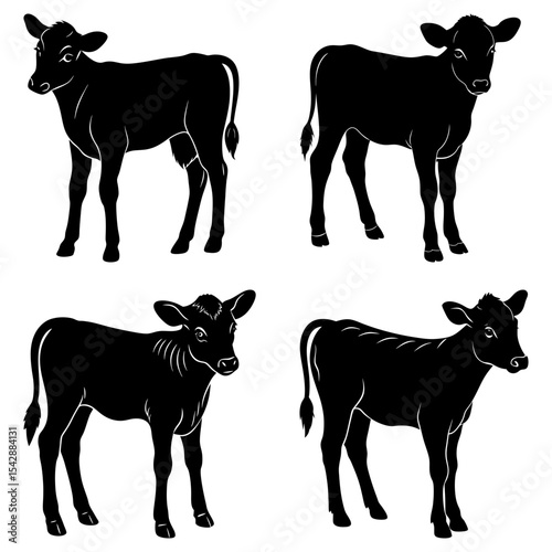 Four black calf silhouettes in various poses standing on a white background in a vector format