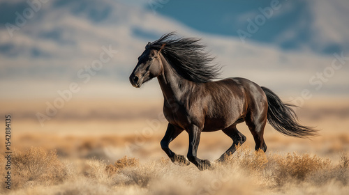 A richly detailed view of american wild mustang on open plains: iconic symbol in the landscape of colt country.