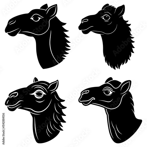 Four camel head silhouettes in black and white showing different styles and perspectives of the animal