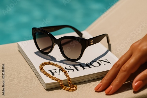 Fashion sunglasses and jewelry on magazine, poolside summer lifestyle, elegant vacation vibe