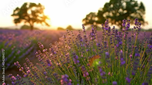 Purple lavender field at golden hour sunlight shines through distant trees idyllic scene