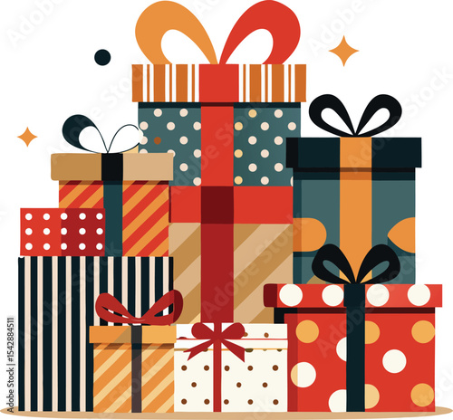 Pile of colorful gift boxes with ribbons and bows on a white background