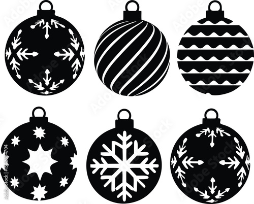 Set of Six Black and White Christmas Ornament Icons with Different Patterns