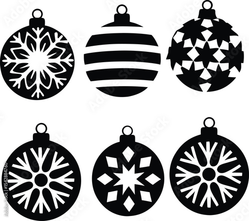 Set of Christmas Ornaments with Snowflake and Star Patterns in Black and White
