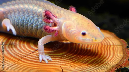 A charming axolotl resting peacefully on a textured wooden surface aquatic animal