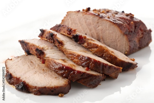 A cooked beef steak on a white background, emphasizing its juiciness