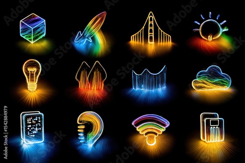 Colorful glowing icons on black background