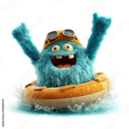 Joyful blue blob monster celebrates victory while floating on a colorful raft with goggles and a swim cap