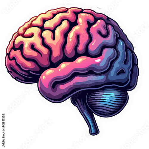 Colorful Cartoon Brain Illustration Isolated with a White Border on a Black Background