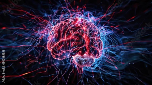 An illuminated brain surrounded by energetic lines, depicting the complexity of the human mind. The brain glows with a fiery red light, while blue and red energy veins radiate out.